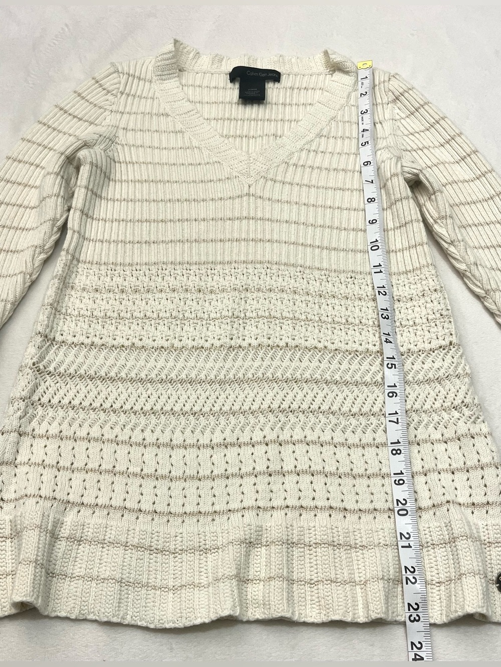 Calvin Klein Women’s 3/4 Sleeve Cream Gold Knit Cotton Blend Sweater Petite Med - Picture 8 of 16